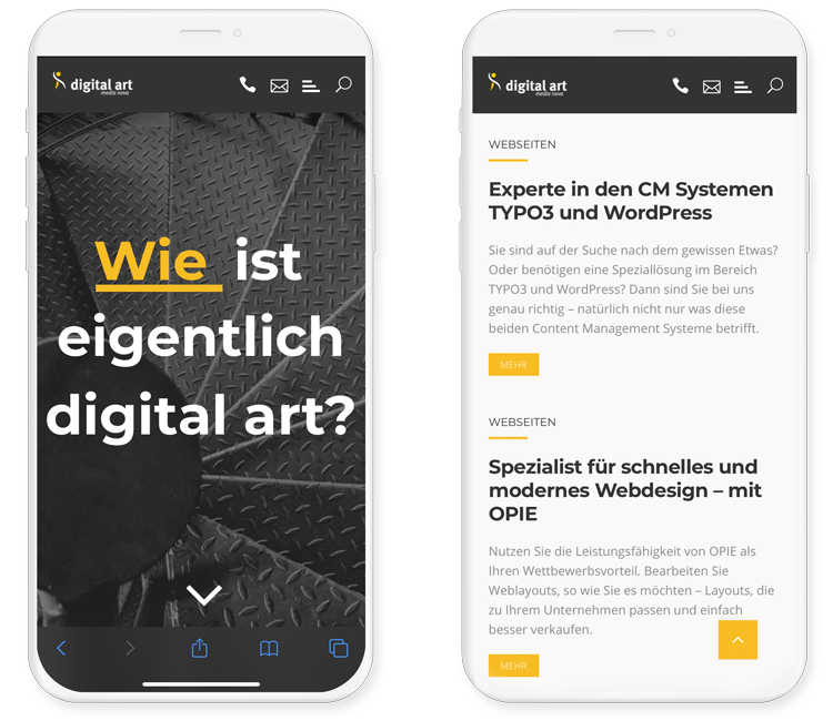 2 iPhones zeigen responsive Webdesign auf der digital art Website